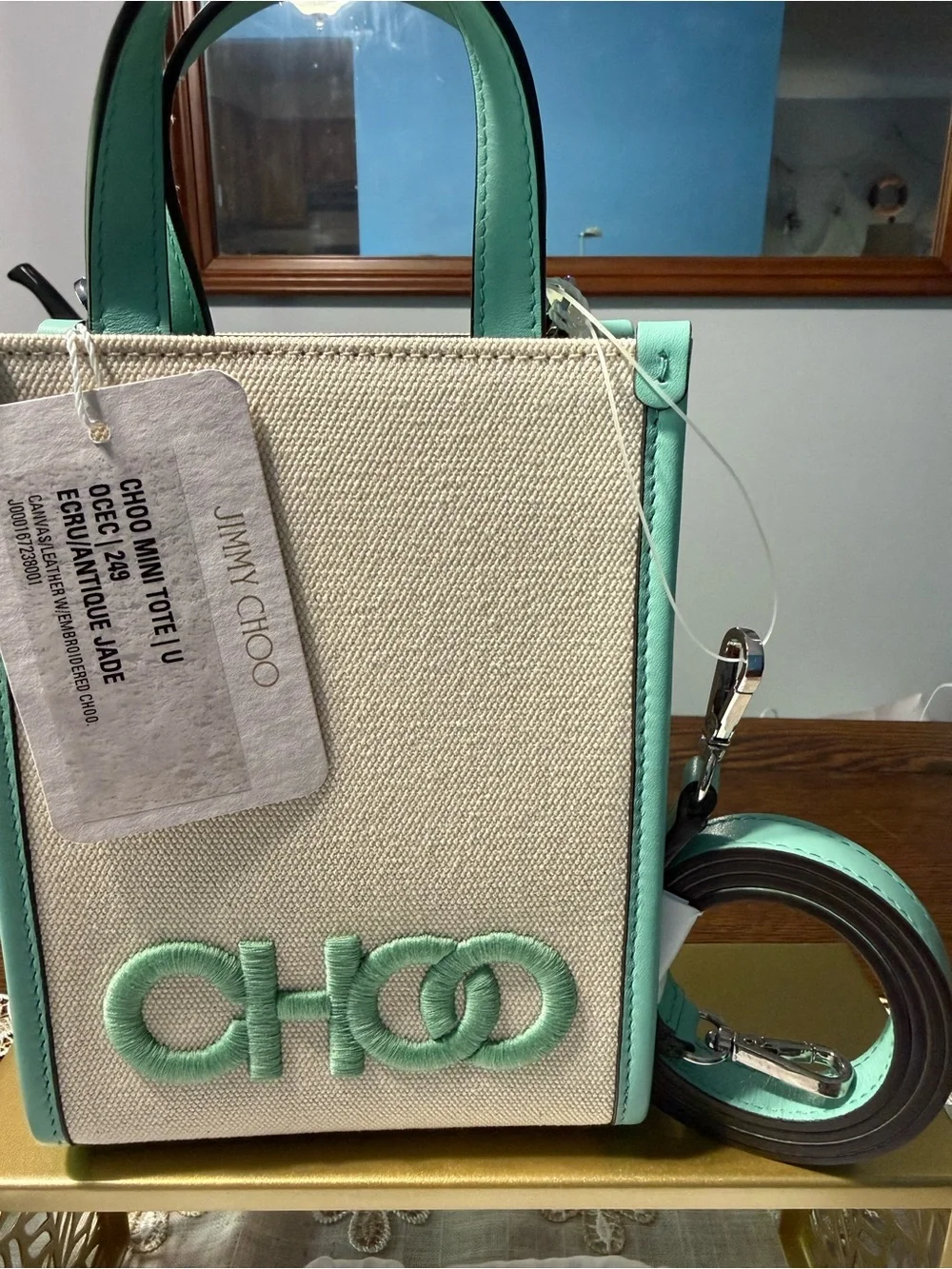 Jimmy Choo Mint Green and Cream Leather Mini Tote with Matching Card Wallet - Picture 2 of 9